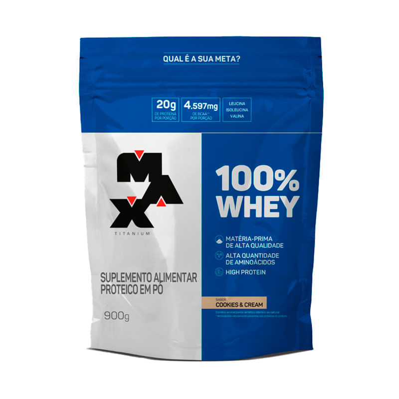 Embalagem do Suplemento Alimentar Proteico em Pó Max Titanium 100% Whey Cookies & Cream 900g