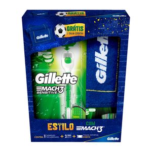 Kit 1 Aparelho Recarregável + 2 Cargas para Barbear Gillette Mach3 Sensitive Grátis 1 Toalha Esportiva