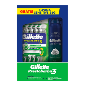 Aparelho de Barbear Gillette Prestobarba 3 Sensitive 4 Unidades + Espuma De Barbear 56g