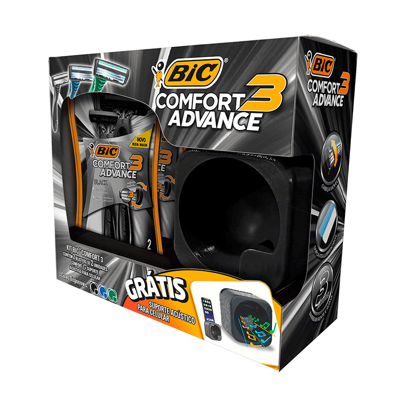 Kit Aparelho Descartável para Barbear Bic Comfort 3 Advance Black 4 Unidades Grátis Suporte Acústico para Celular