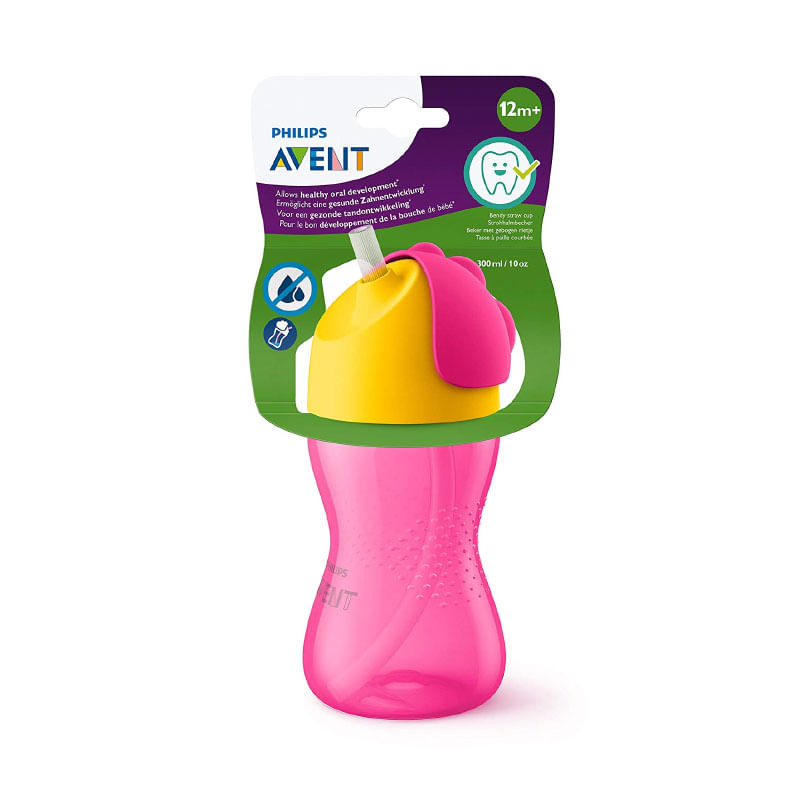 Copo Infantil Com Canudo Avent Curvado Rosa 300ml