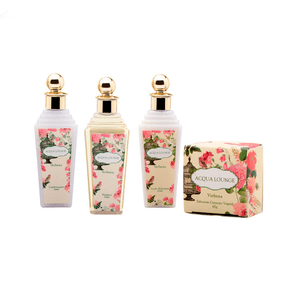 Kit Acqua Lounge Verbena contém: 1 Shampoo 64ml + 1 Condicionador 64ml + 1 Loção Hidratante 64ml + 1 Sabonete 60g