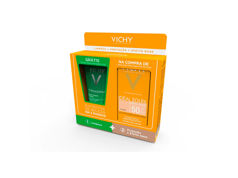 Kit--Protetor-Solar-Facial-Vichy-Ideal-Soleil-Efeito-Base-Cor-Clara-FPS50-com-40g---Gel-de-Limpeza-Normaderm-40g