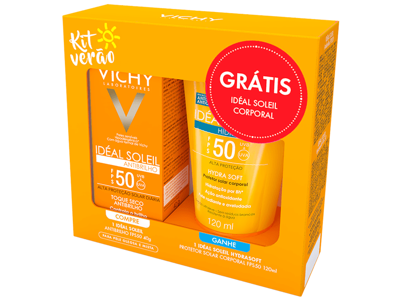 Kit-Protetor-Solar-Facial-Vichy-Ideal-Soleil-Antibrilho-Toque-Seco-FPS50---Corporal-Hydrasoft-FPS30