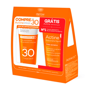 Kit Protetor Solar Facial Actine FPS30 Toque Seco 40g + Sabonete Líquido Antiacne 60ml