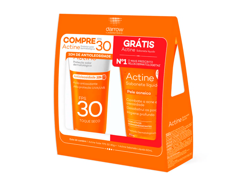 Kit-Protetor-Solar-Facial-Actine-FPS30-Toque-Seco-40g---Sabonete-Liquido-Antiacne-60ml