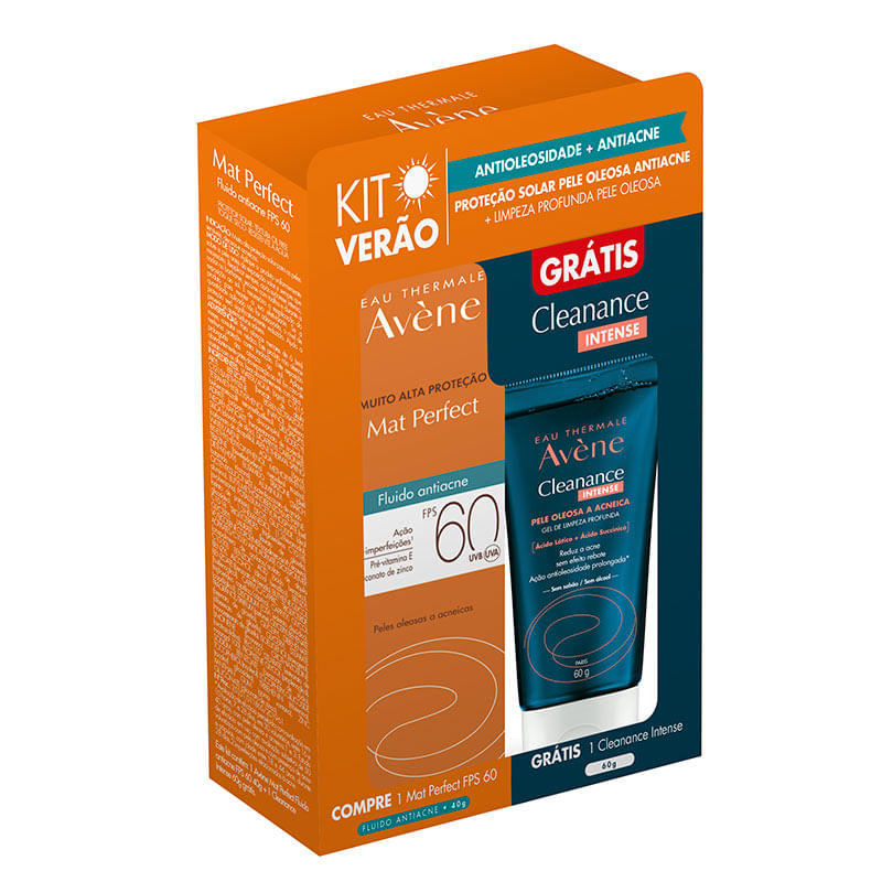 Kit Protetor Solar Facial Avène Mat Perfect Fluido Antiacne FPS60 40g + Gel De Limpeza Avène Cleanance Intense 60g