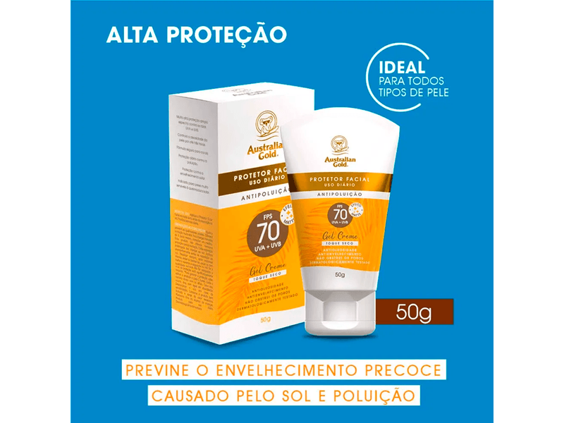 Protetor Solar Facial Antipoluição Australian Gold Toque Seco FPS70 50g