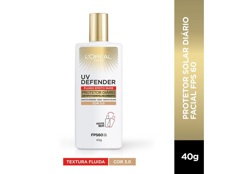 Protetor-Solar-Facial-L-Oreal-Paris-UV-Defender-Fluido-FPS-60-Cor-Media-3.0-40g