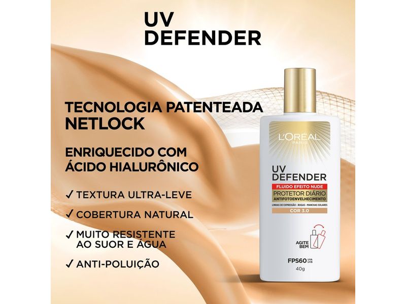 Protetor-Solar-Facial-L-Oreal-Paris-UV-Defender-Fluido-FPS-60-Cor-Media-3.0-40g