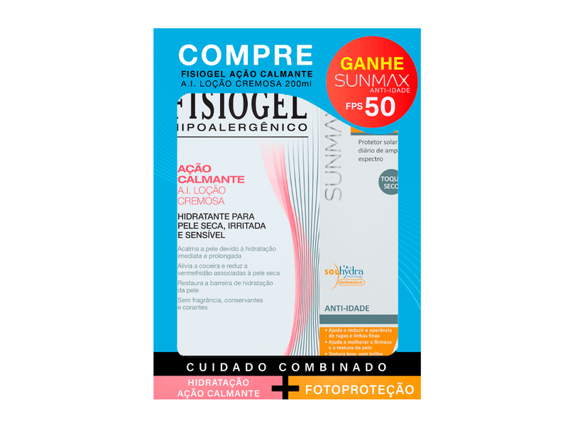 Kit-Locao-Cremosa-Fisiogel-A.I-Acao-Calmante-200ml---Protetor-Solar-Facial-Sunmax-Anti-idade-FPS50-60g