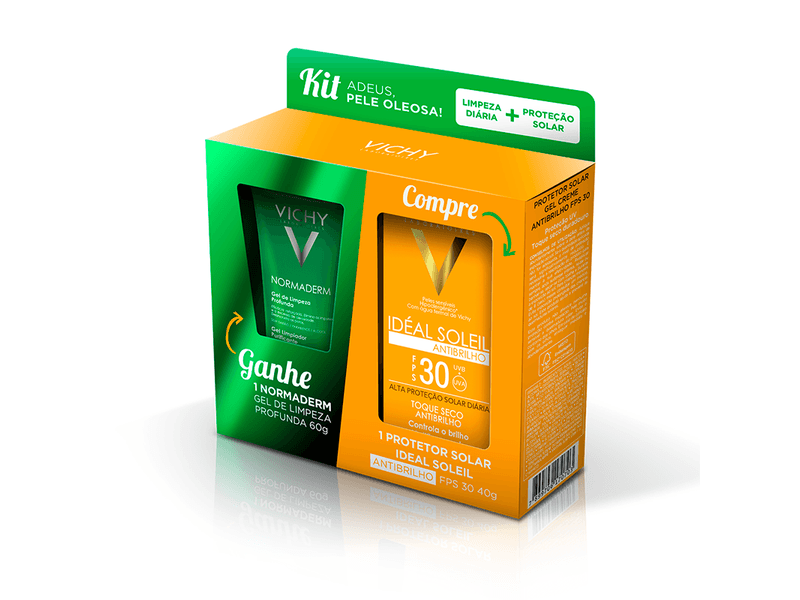 kit-Protetor-Solar-Facial-Vichy-Ideal-Soleil-Antibrilho-FPS30-Toque-Seco-40g---Gel-de-Limpeza-Normaderm-60g
