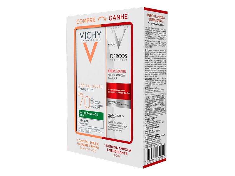 Kit-Protetor-Solar-Vichy-Capital-Soleil-Purify-Antioleosidade-FPS70-40g---Ampola-Capilar-Energizante-Dercos-40ml