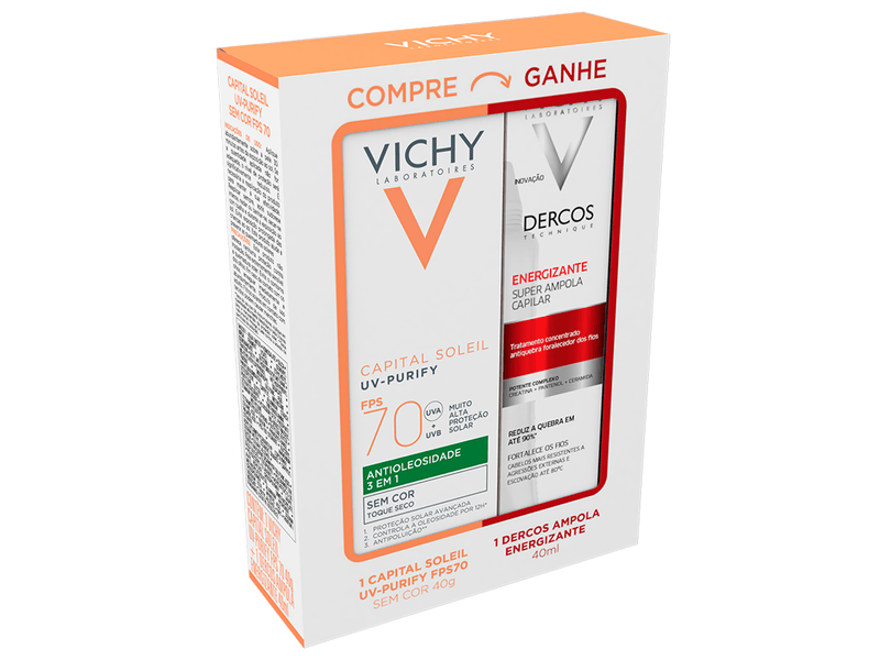 Kit-Protetor-Solar-Vichy-Capital-Soleil-Purify-Antioleosidade-FPS70-40g---Ampola-Capilar-Energizante-Dercos-40ml