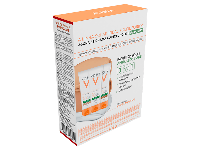 Kit-Protetor-Solar-Vichy-Capital-Soleil-Purify-Antioleosidade-FPS70-40g---Ampola-Capilar-Energizante-Dercos-40ml