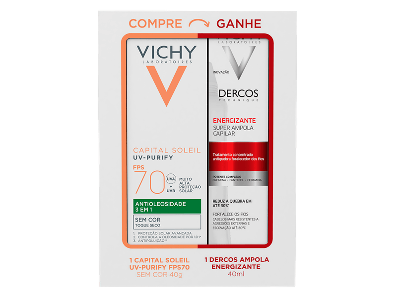 Kit-Protetor-Solar-Vichy-Capital-Soleil-Purify-Antioleosidade-FPS70-40g---Ampola-Capilar-Energizante-Dercos-40ml