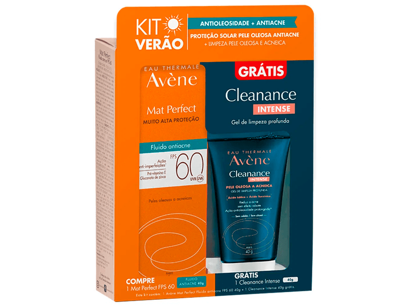 Kit-Protetor-Solar-Facial-Avene-Mat-Perfect-Fluido-Antiacne-FPS60-40g---Gel-de-limpeza-Profunda-Avene-Cleanance-Intense-40g