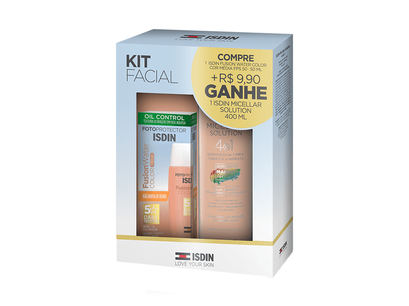 Kit-Protetor-Solar-Facial-Isdin-FotoProtector-Fusion-Water-FPS50-Cor-Media-50ml---Isdin-Micellar-Solution-400ml