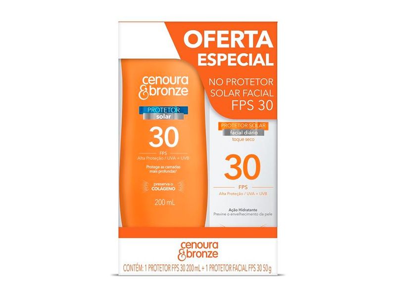 Kit-Protetor-Solar-Corporal-Cenoura---Bronze-FPS30-200ml---Protetor-Solar-Facial-Cenoura---Bronze-FPS30-50g
