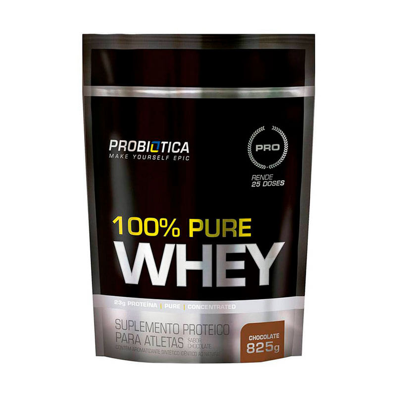 Embalagem do Suplemento Proteico Probiótica 100% Pure Whey Sabor Chocolate 825g