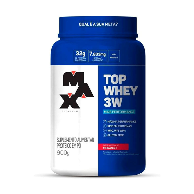 Embalagem do Suplemento Alimentar Top Whey 3w +Performance Max Titanium Morango 900g