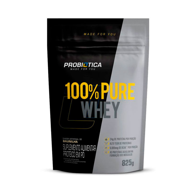Embalagem do Suplemento Alimentar Proteico Probiótica 100% Pure Whey Sabor Baunilha 825g