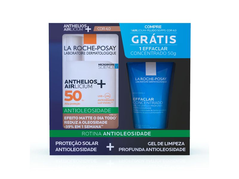Kit-Protetor-Solar-Facial-La-Roche-Posay-Anthelios-Airlicium--Fluido-FPS50-Cor-4.0-40ml---Gel-de-Limpeza-Facial-La-Roche-Posay-50g