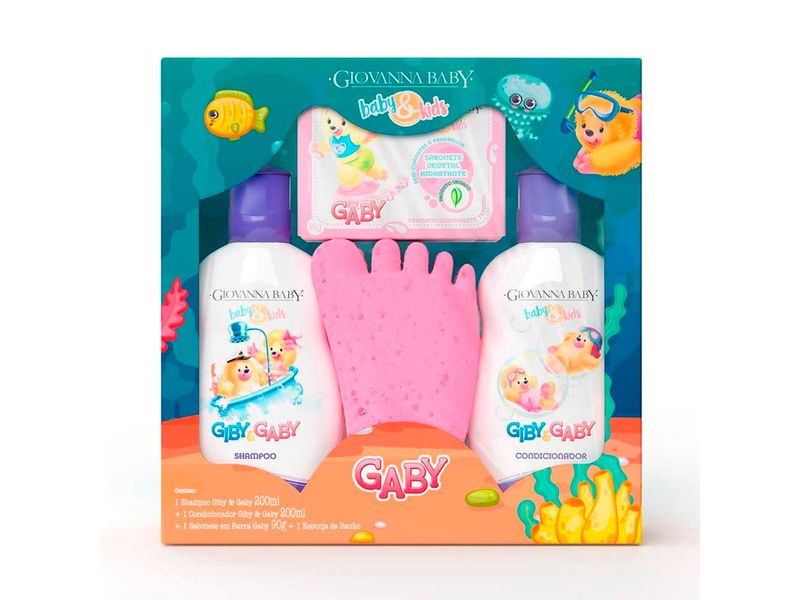 Kit-Infantil-Giovanna-Baby-Gaby-Hora-Do-Banho-Shampoo-200ml---Condicionador-200ml---Sabonete-em-Barra-90g---1-Esponja-de-Banho-Rosa