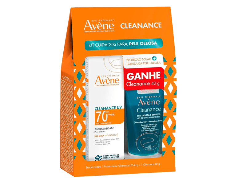 Kit-Protetor-Solar-Facial-Avene-Cleanance-UV-Antioleosidade-FPS70-40g---Gel-De-Limpeza-Purificante-Cleanance-40g