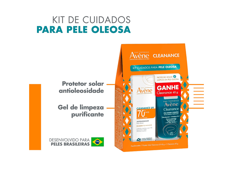 Kit-Protetor-Solar-Facial-Avene-Cleanance-UV-Antioleosidade-FPS70-40g---Gel-De-Limpeza-Purificante-Cleanance-40g