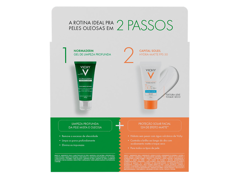 Kit-Protetor-Solar-Facial-Vichy-Capital-Soleil-Hydra-Matte-FPS50-30g---Gel-de-Limpeza-Facial-De-Limpeza-Profunda-Vichy-Normaderm-Pele-Mista-a-Oleosa-40g