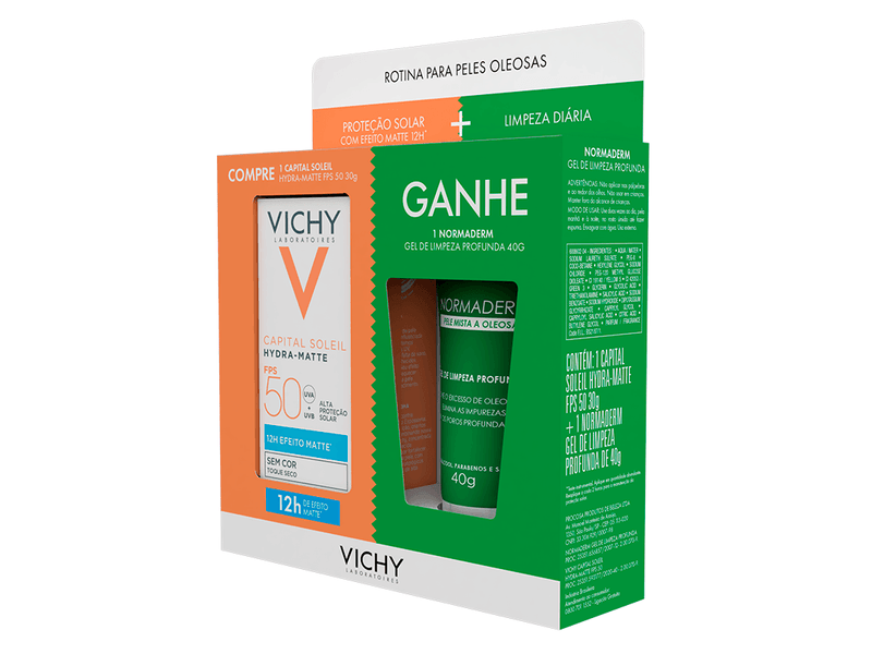 Kit-Protetor-Solar-Facial-Vichy-Capital-Soleil-Hydra-Matte-FPS50-30g---Gel-de-Limpeza-Facial-De-Limpeza-Profunda-Vichy-Normaderm-Pele-Mista-a-Oleosa-40g