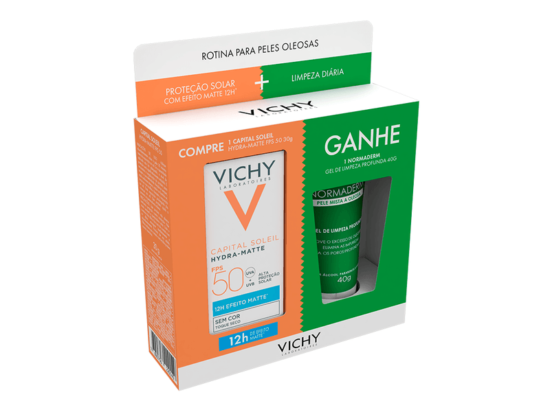 Kit-Protetor-Solar-Facial-Vichy-Capital-Soleil-Hydra-Matte-FPS50-30g---Gel-de-Limpeza-Facial-De-Limpeza-Profunda-Vichy-Normaderm-Pele-Mista-a-Oleosa-40g