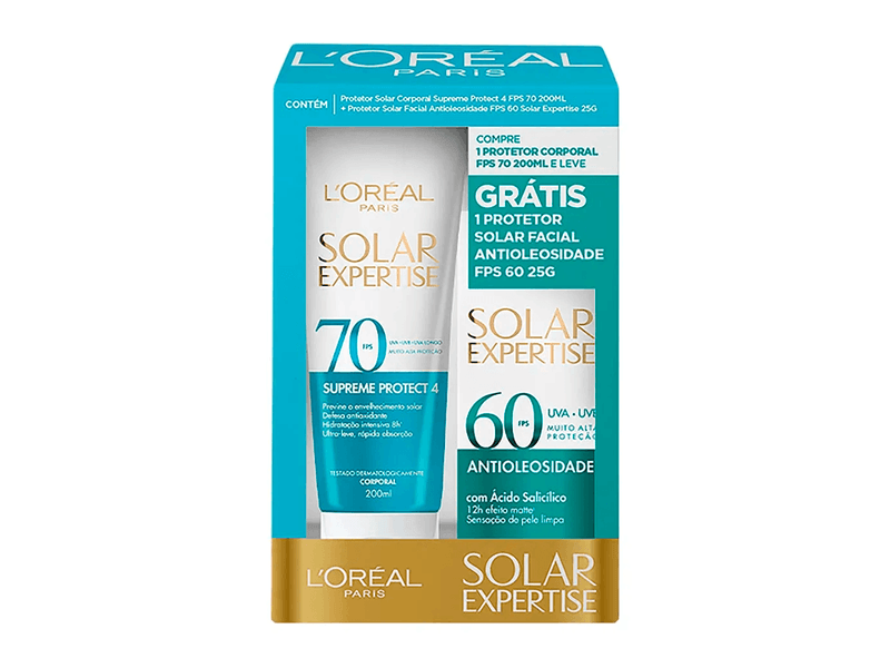 Kit-Protetor-Solar-L-Oreal-Paris-Solar-Expertise-Supreme-Protect4-FPS70-200ml---Protetor-Solar-Facial-Antioleosidade-FPS60-25g