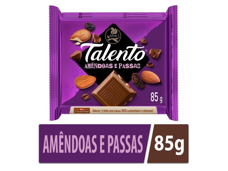 Chocolate Garoto Talento Amêndoas e Passas 85g
