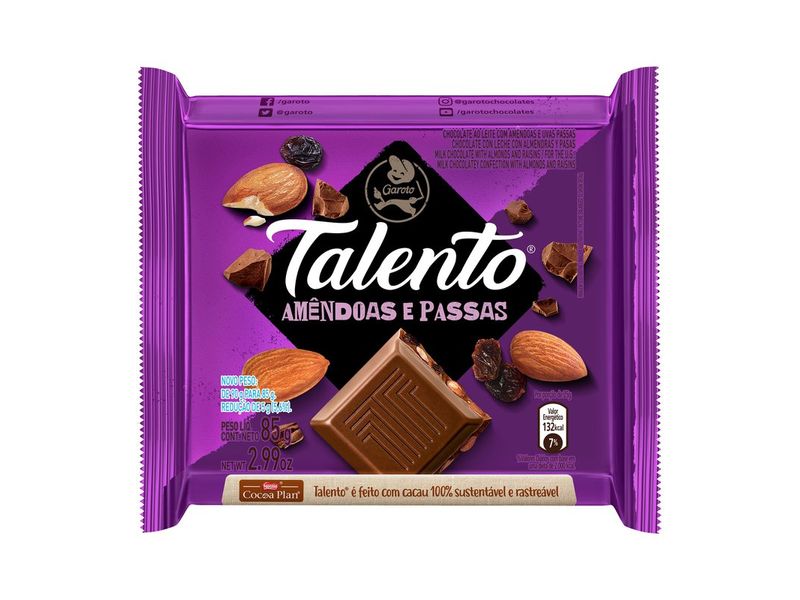Chocolate Garoto Talento Amêndoas e Passas 85g