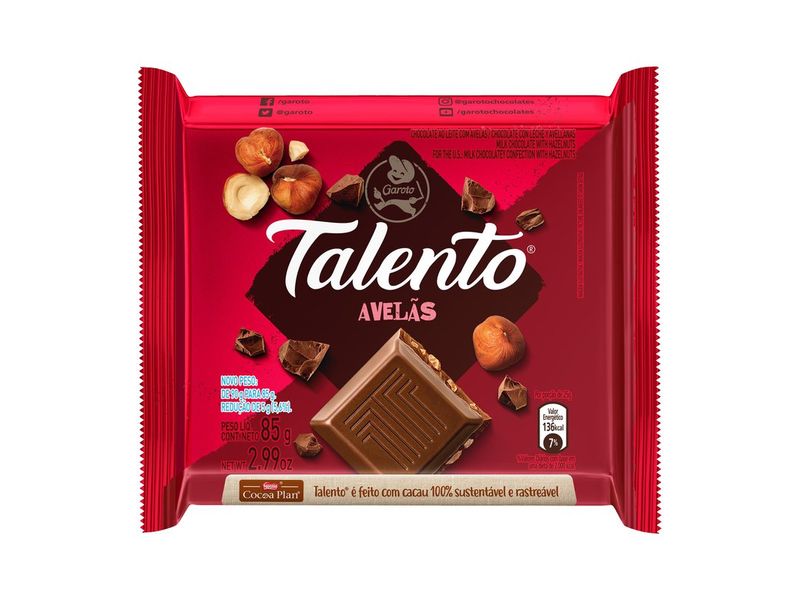 Chocolate Garoto Talento ao Leite com Avelãs 85g