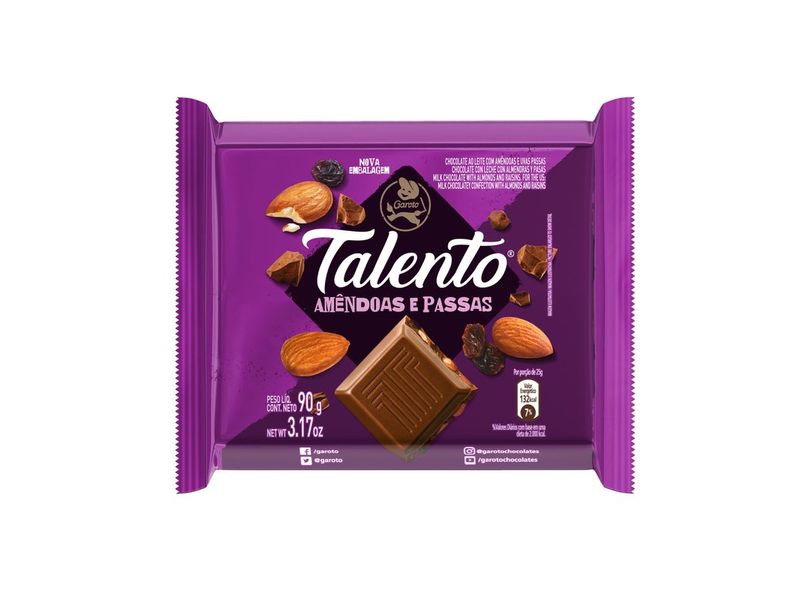 Chocolate Garoto Talento ao Leite com Amêndoas e Passas 90g