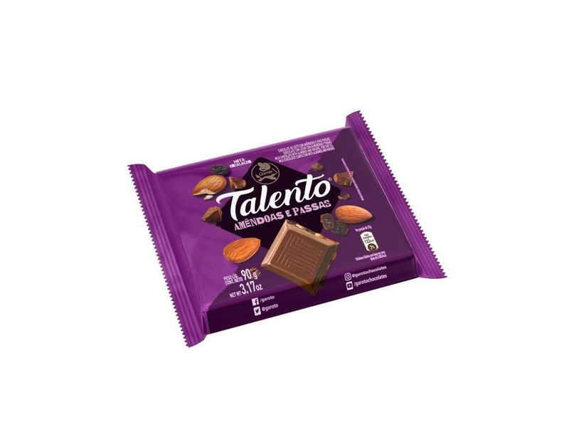 Chocolate Garoto Talento ao Leite com Amêndoas e Passas 90g
