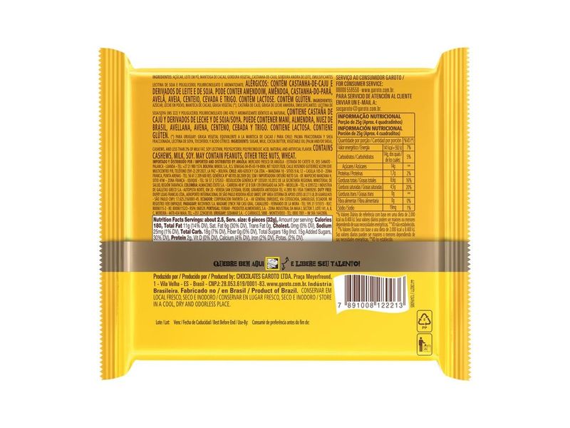 Chocolate Garoto Talento Opereta Castanha-de-Cajú 85g