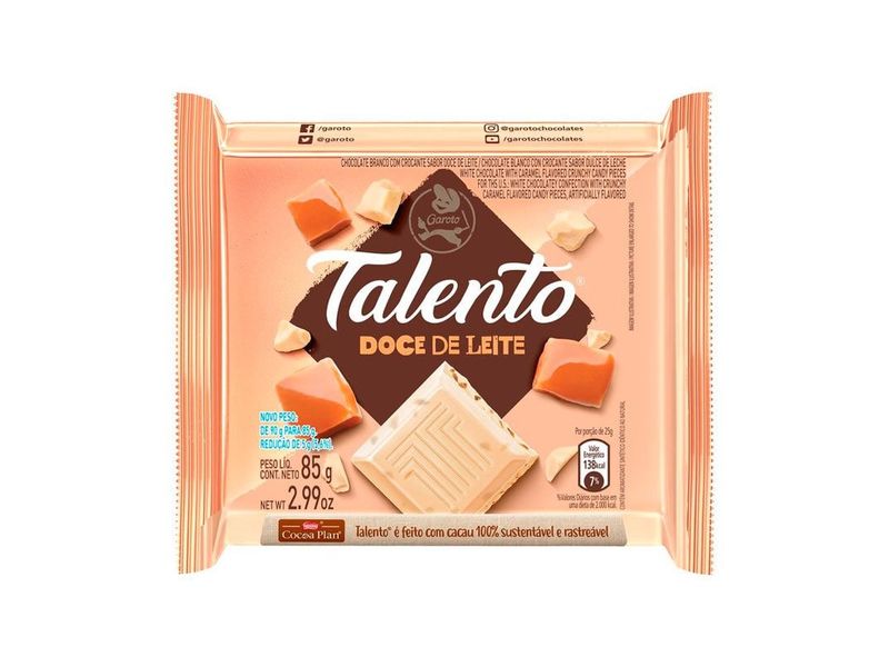 Chocolate Garoto Talento Branco com Doce de Leite 85g