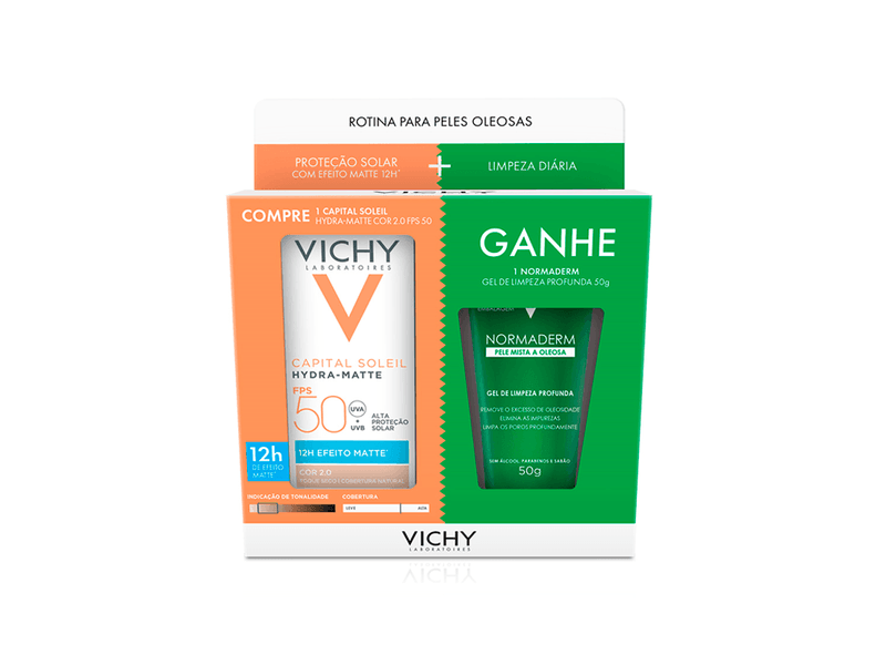 Kit-Vichy-Protetor-Solar-Facial-Capital-Solei-Hydra-Matte-Cor-2.0-FPS50-30g---Gel-de-Limpeza-Normaderm-50g