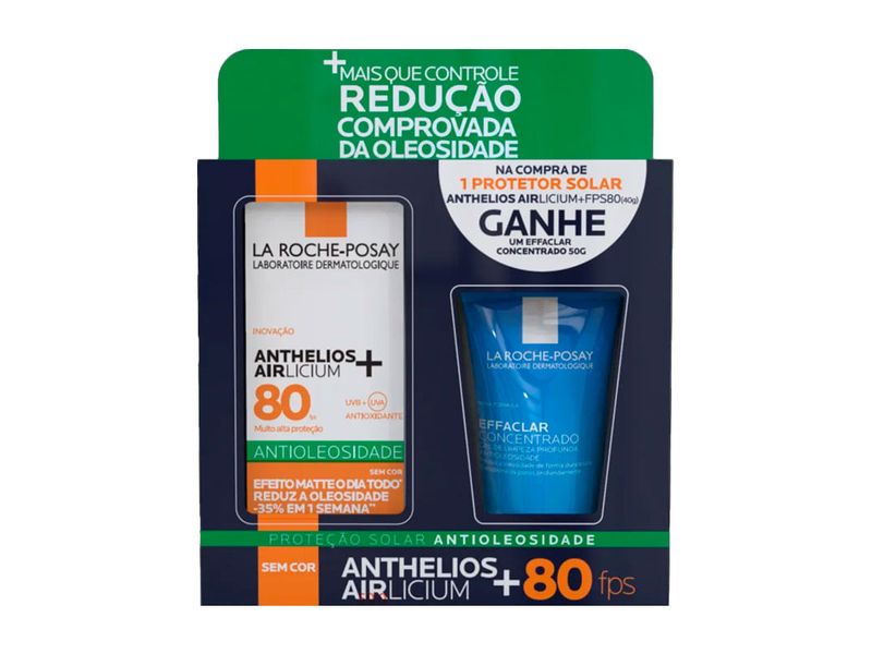 Kit-Protetor-Solar-Facial-La-Roche-Posay-Anthelios-Airlicium-Antioleosidade-FPS80-Sem-Cor-40g---Gel-Facial-Limpeza-Profunda-Effaclar-Concentrado-50g