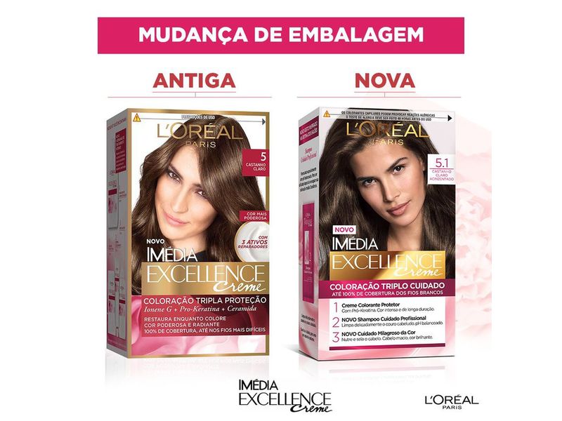 Coloração Imédia Excellence L'Oreal Creme 5.1 Castanho Claro Acinzentado