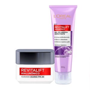 Kit L'Oréal Paris Creme Hidratante Facial Revitalift Hialurônico Diurno FPS20 49g + Gel de Limpeza Revitalift Hialurônico 80g