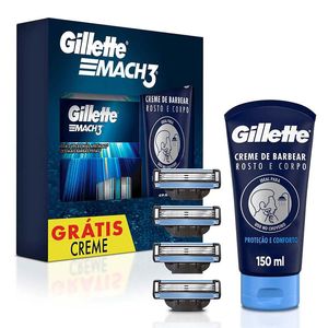 Kit Gillette Mach3 4 Refis de Carga Mach3 + 1 Creme de Barbear Rosto e Corpo 150ml