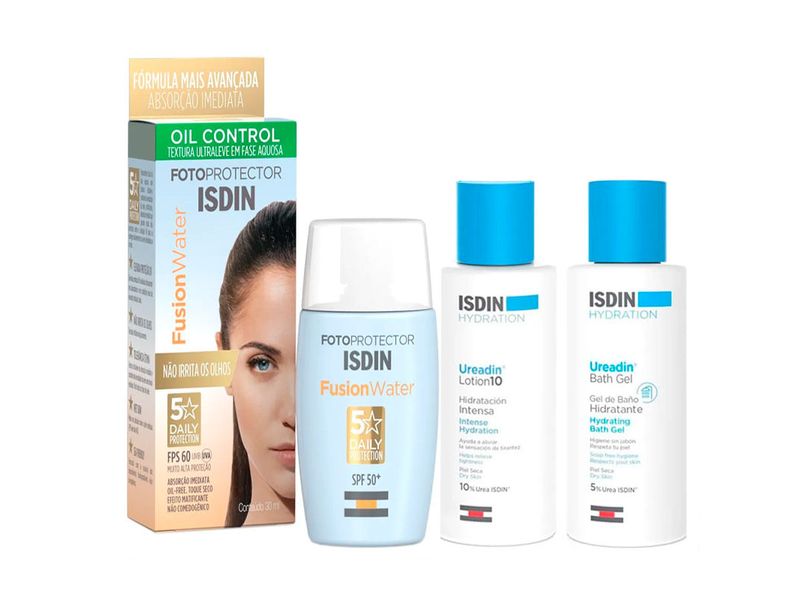 kit-viagem-protetor-solar-isdin-fusion-water-5-stars-fps60-30ml-locao-ureadin-10-100ml-gel-de-banho-ureadin-bath-100ml