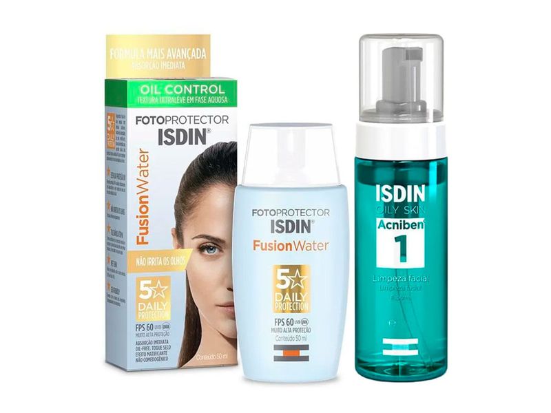 Kit-Protetor-Solar-Facial-Isdin-Fusion-Water-Sem-Cor-FPS60-50ml---Espuma-de-Limpeza-Facial-Oily-Skin-Acniben-1-150ml
