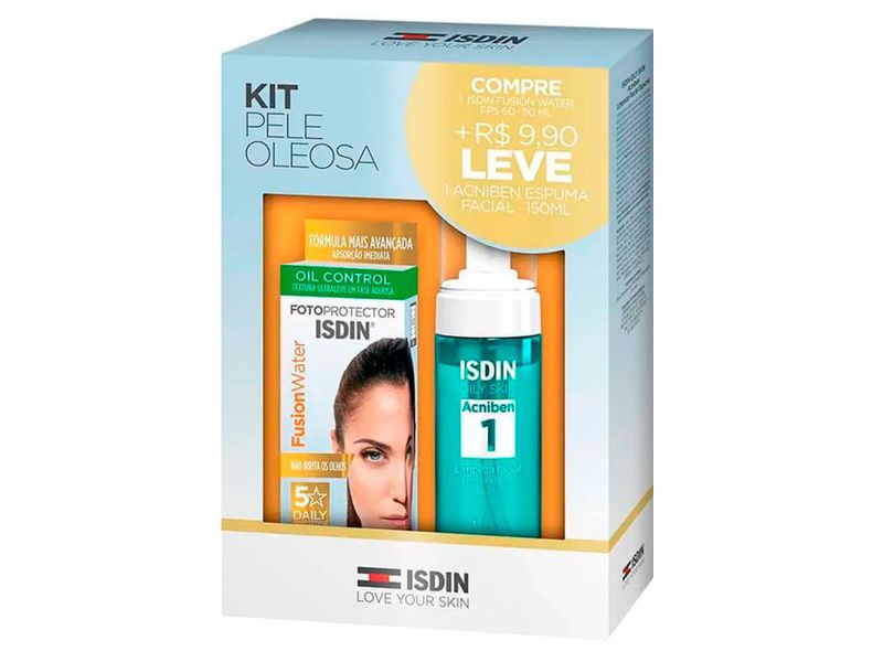 Kit-Protetor-Solar-Facial-Isdin-Fusion-Water-Sem-Cor-FPS60-50ml---Espuma-de-Limpeza-Facial-Oily-Skin-Acniben-1-150ml