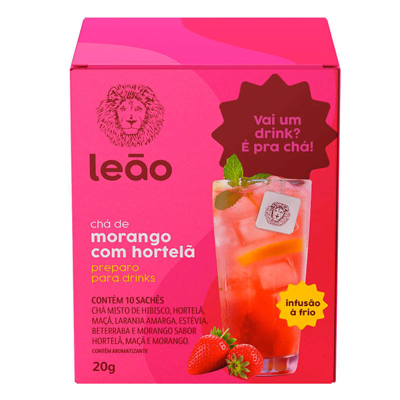 Chá Leão Preparo Drinks Morango com Hortelã 10 Sachês 20g